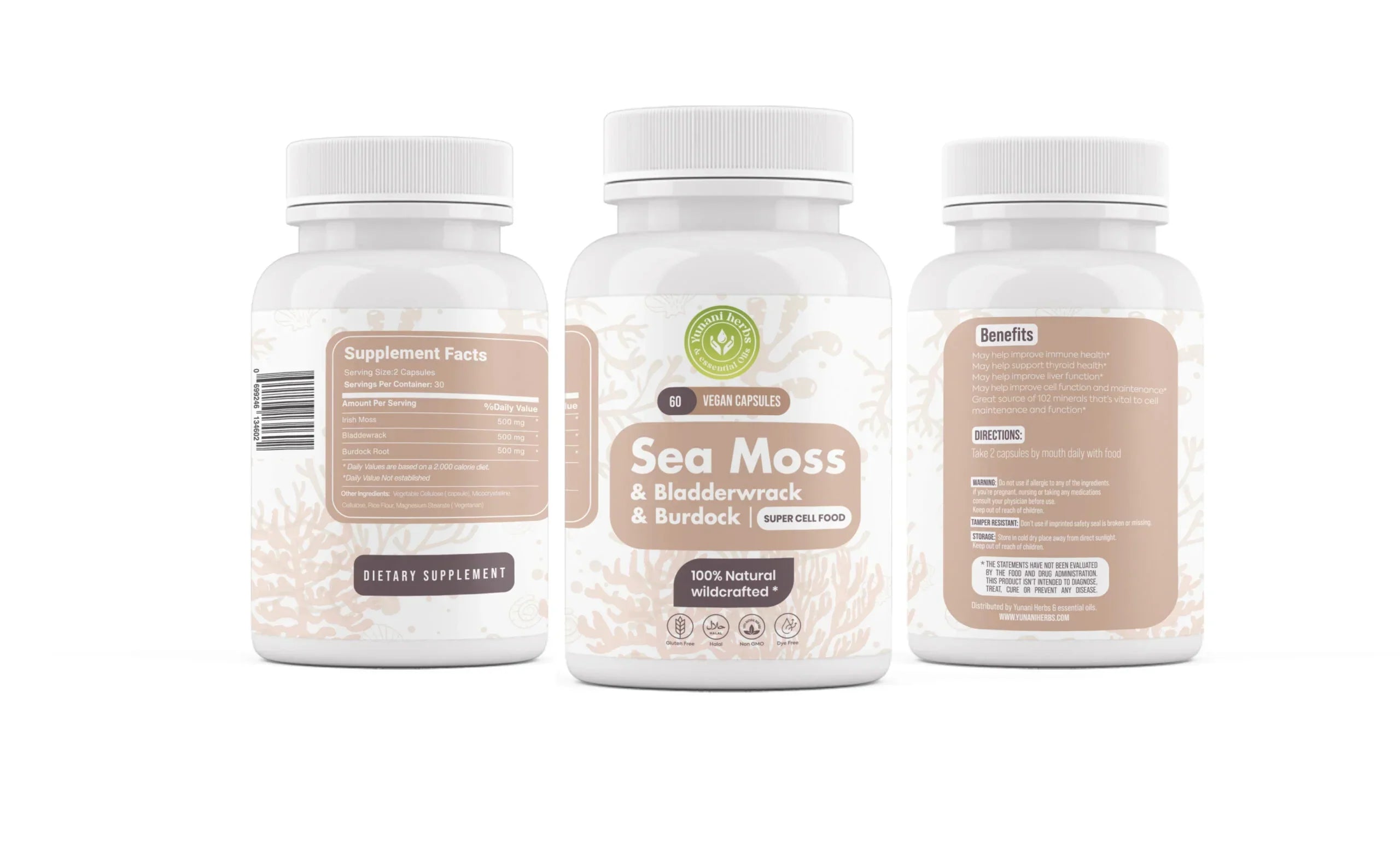 Sea Moss Bladderwrack Burdock 500mg each 60 vegan capsules